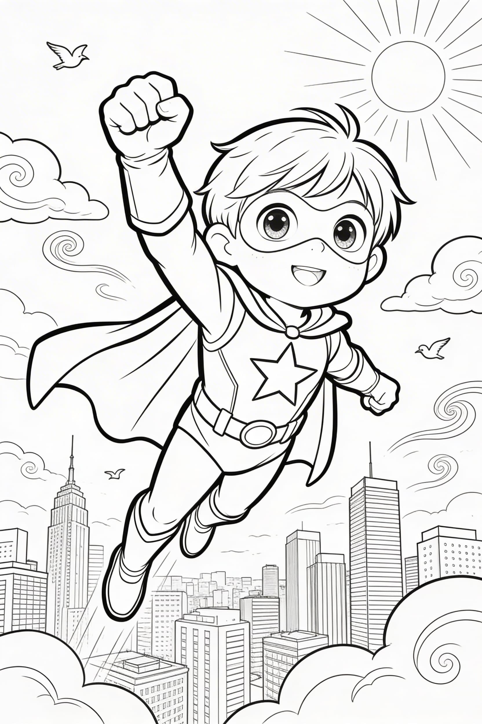 Herói voando sobre a cidade