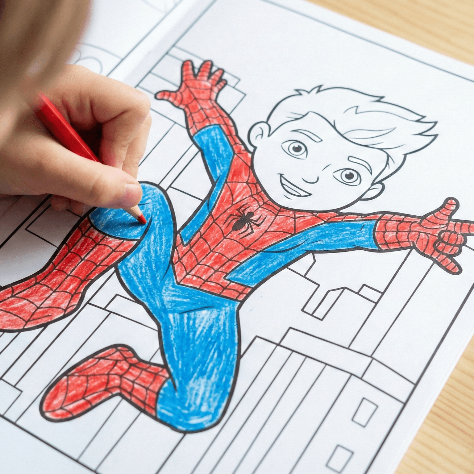 Criança colorindo livro personalizado com super-herói
